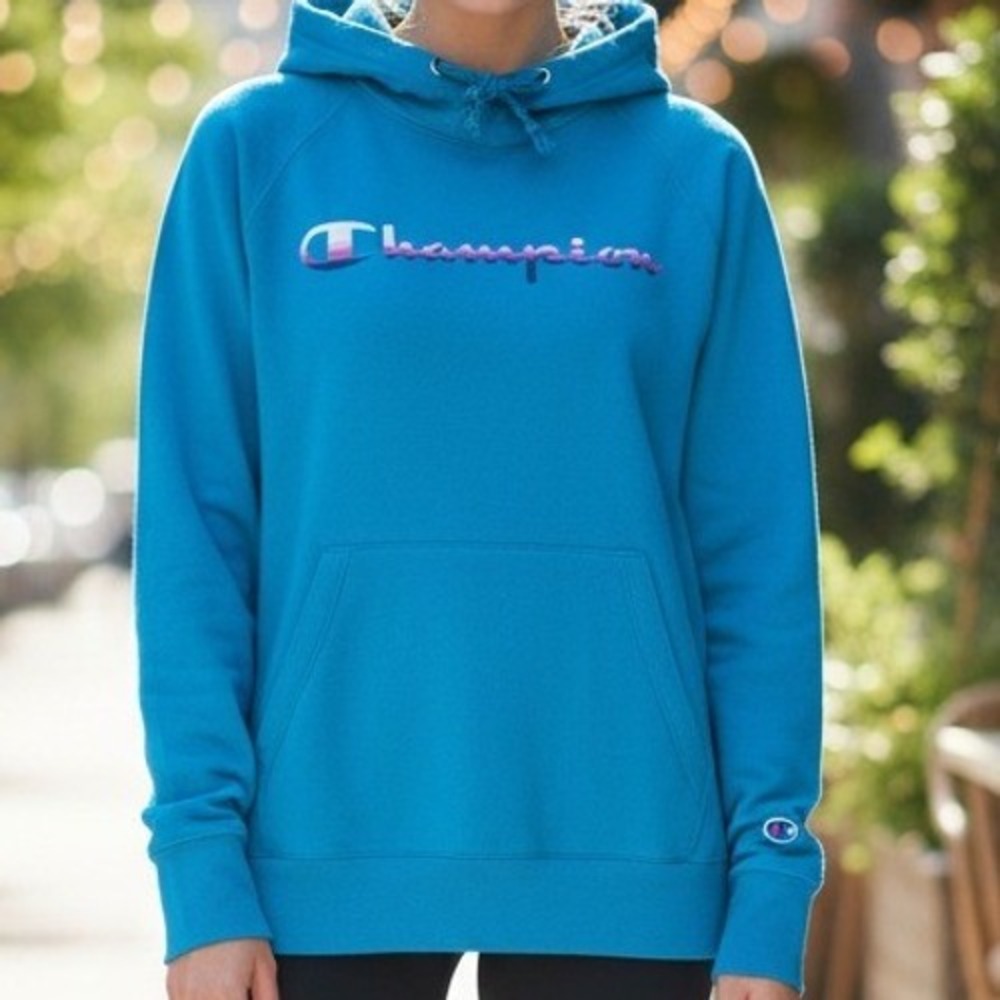 Champion Womens Teal Blue Gradient Logo Pullover Hoodie Raglan Fleece Sweatshirt